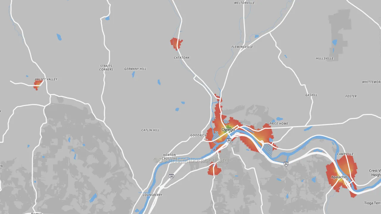 Walk Grade map of Tioga County, NY, walkable areas in green and car-dependent areas in red
