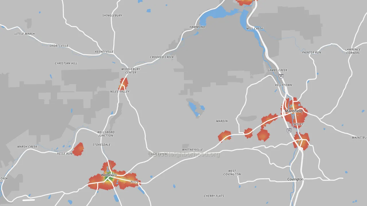 Walk Grade map of Tioga County, PA, walkable areas in green and car-dependent areas in red