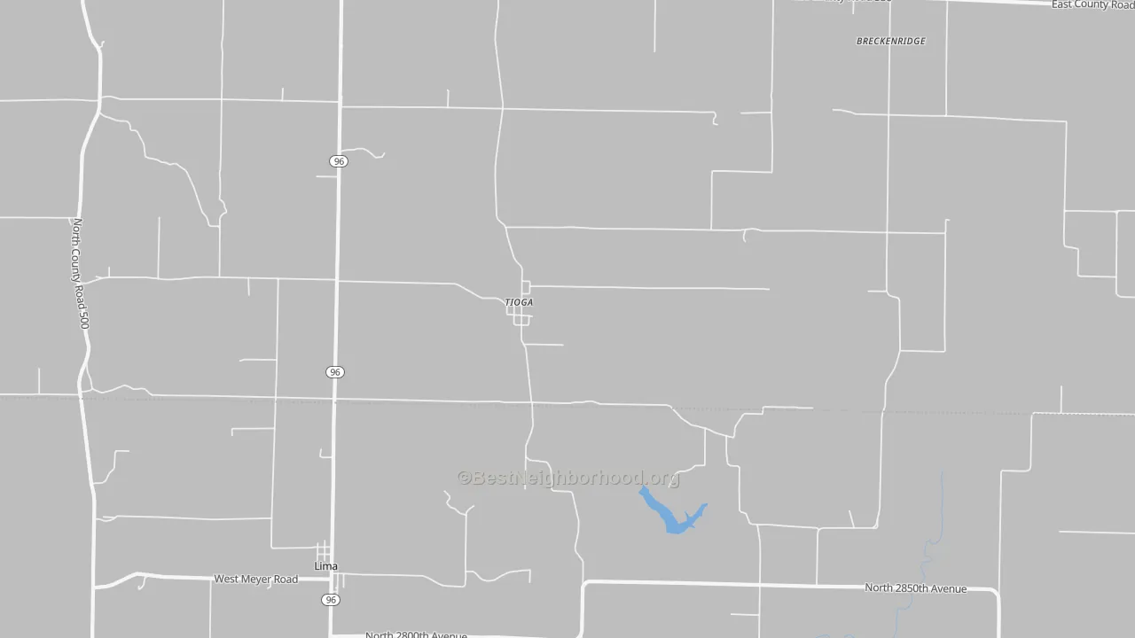 Walk Grade map of Tioga, IL, walkable areas in green and car-dependent areas in red