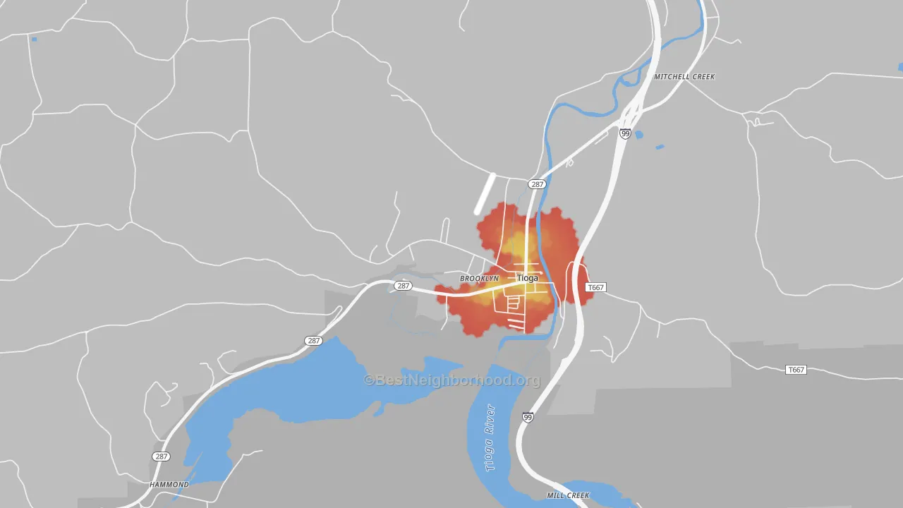 Walk Grade map of Tioga Junction, PA, walkable areas in green and car-dependent areas in red