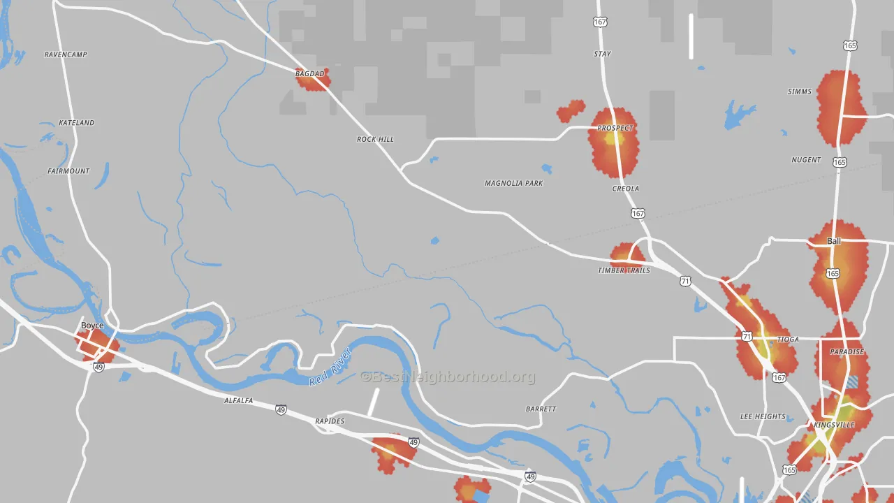 Walk Grade map of Tioga, LA, walkable areas in green and car-dependent areas in red