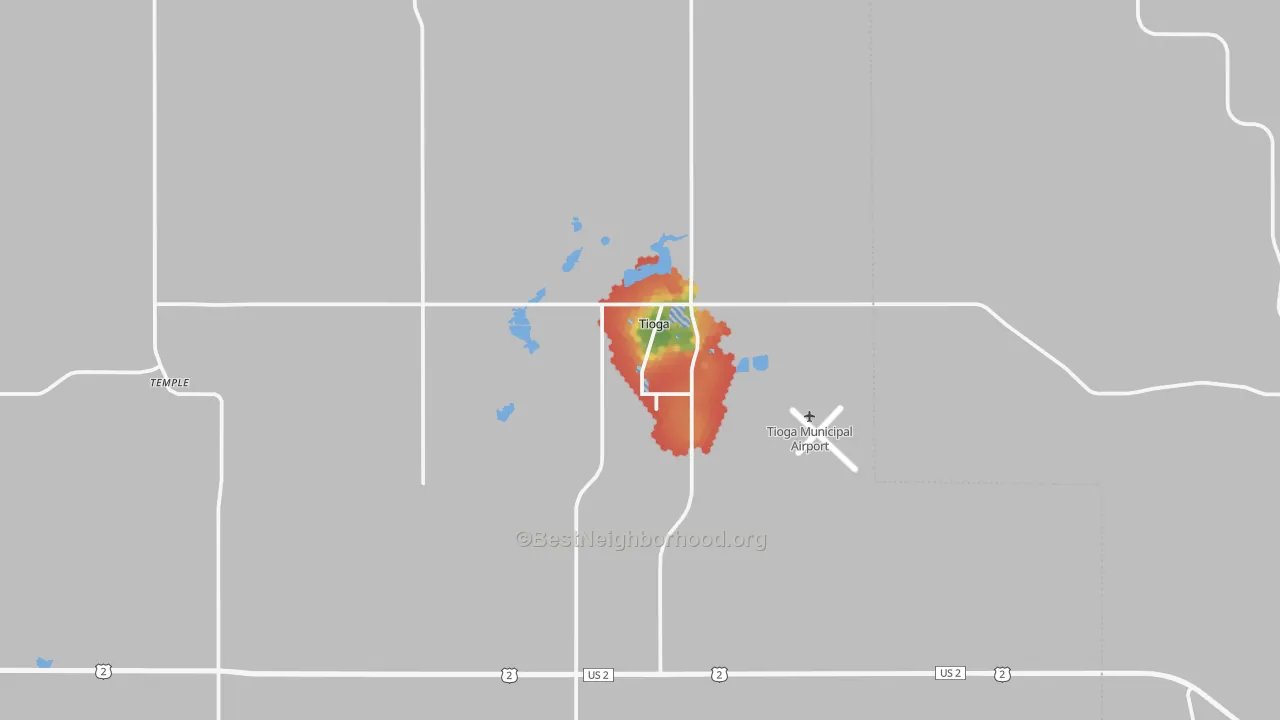Walk Grade map of Tioga, ND, walkable areas in green and car-dependent areas in red