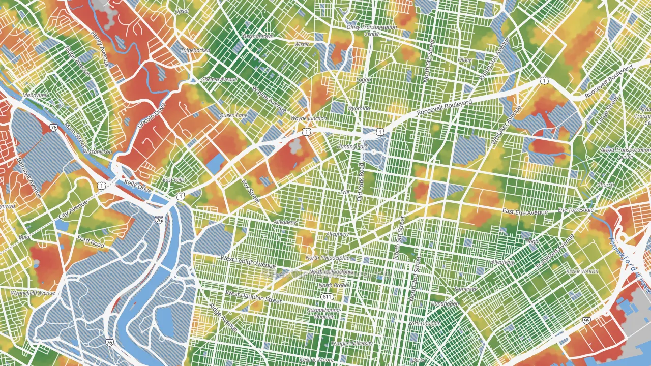 Walk Grade map of Tioga-Nicetown, Philadelphia, PA, walkable areas in green and car-dependent areas in red