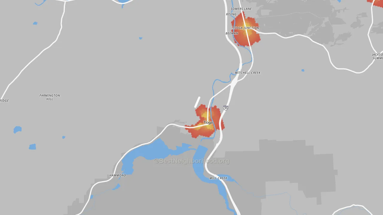 Walk Grade map of Tioga, PA, walkable areas in green and car-dependent areas in red