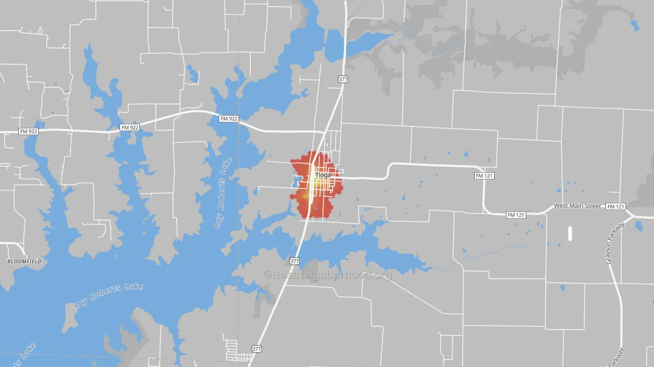 Walk Grade map of Tioga, TX, walkable areas in green and car-dependent areas in red