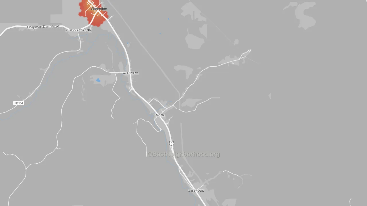 Walk Grade map of Tiona, PA, walkable areas in green and car-dependent areas in red
