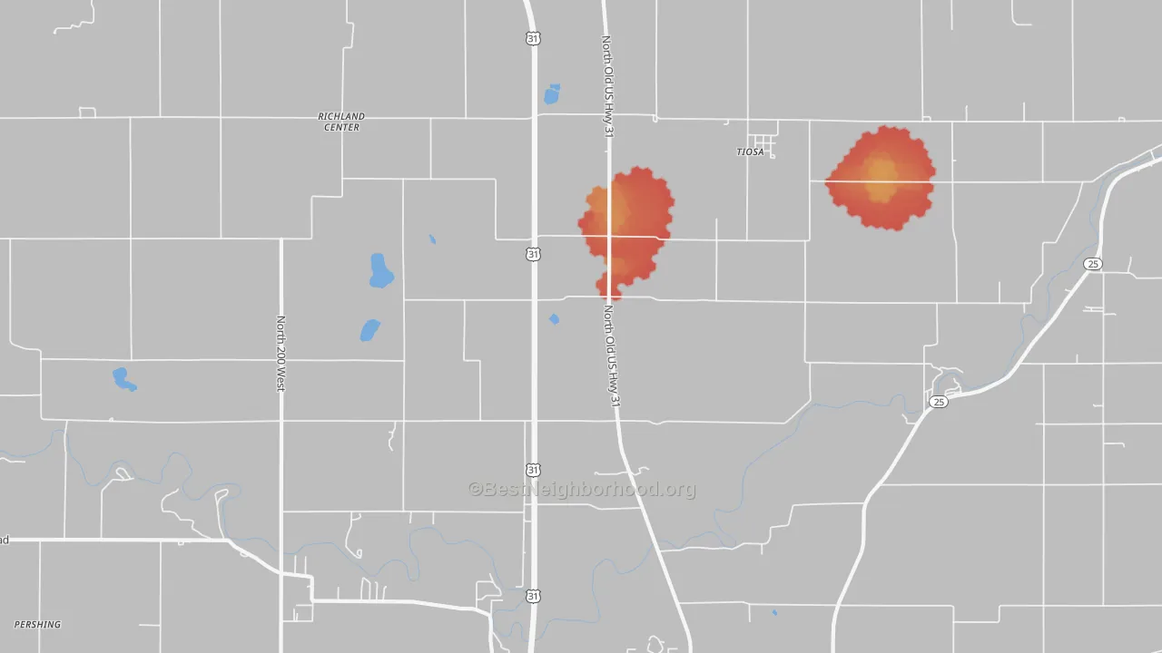 Walk Grade map of Tiosa, IN, walkable areas in green and car-dependent areas in red