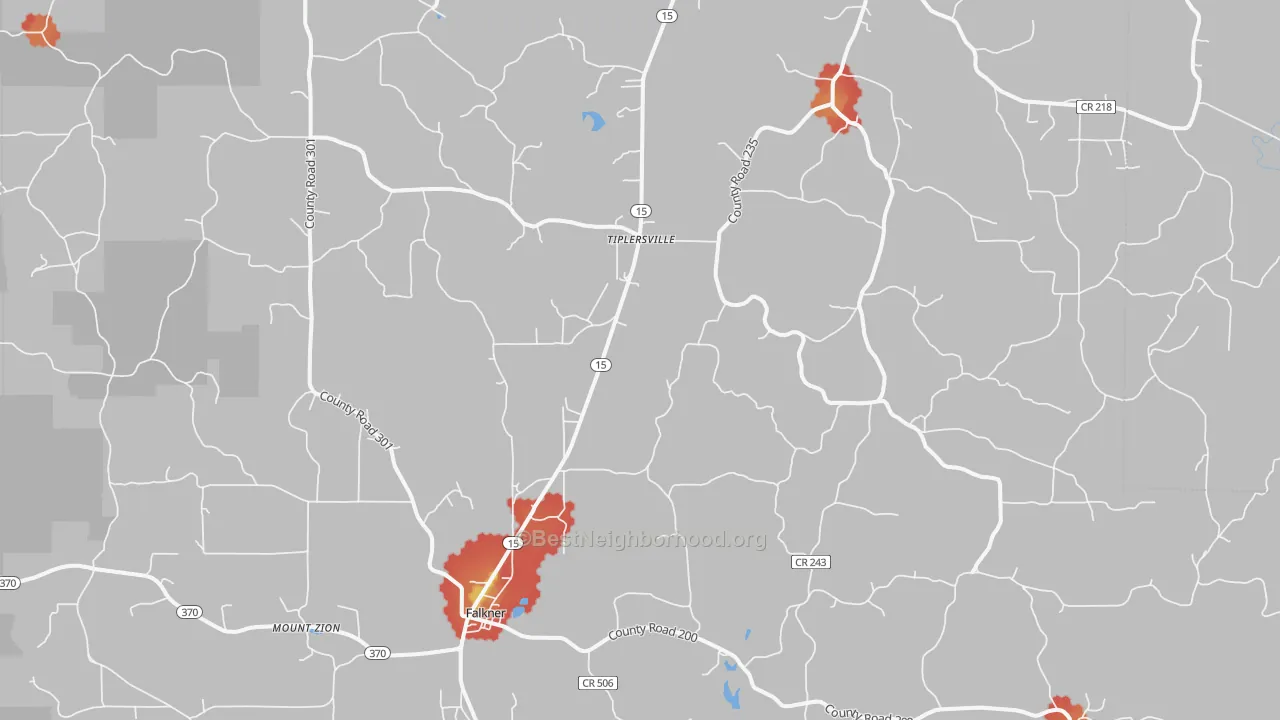 Walk Grade map of Tiplersville, MS, walkable areas in green and car-dependent areas in red