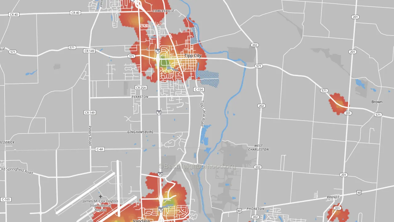 Walk Grade map of Tipp City, OH, walkable areas in green and car-dependent areas in red