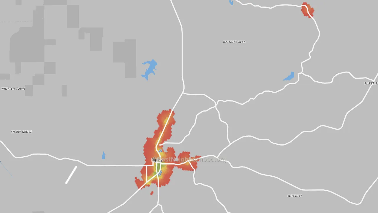 Walk Grade map of Tippah County, MS, walkable areas in green and car-dependent areas in red