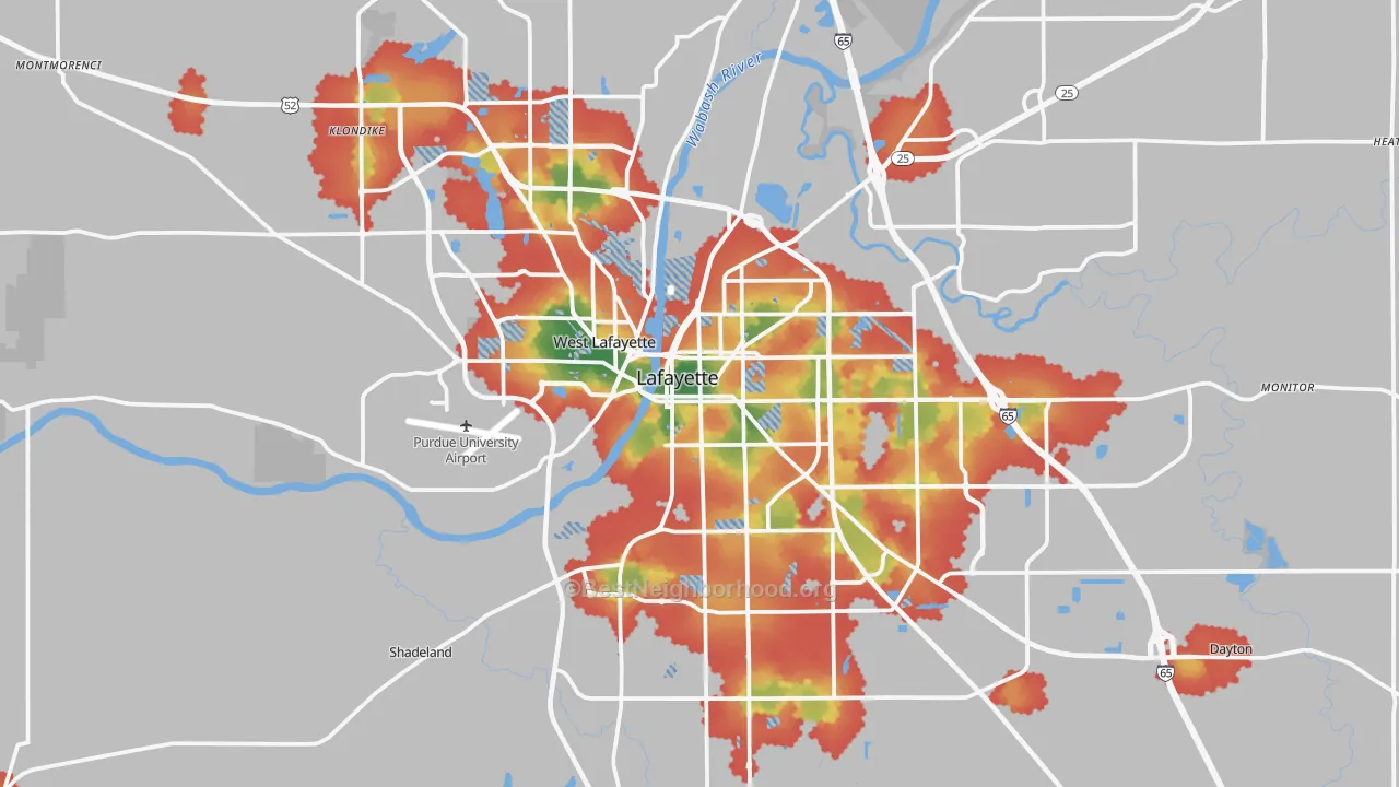 Walk Grade map of Tippecanoe County, IN, walkable areas in green and car-dependent areas in red