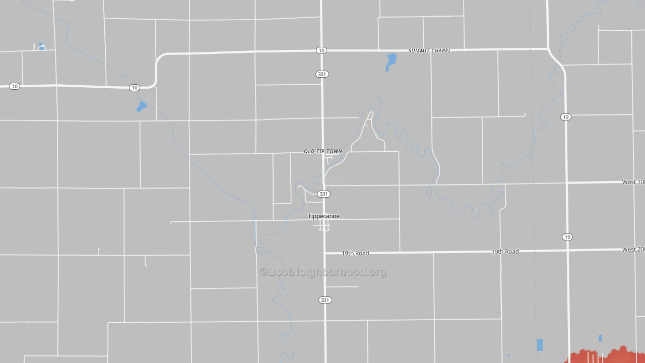 Walk Grade map of Tippecanoe, IN, walkable areas in green and car-dependent areas in red