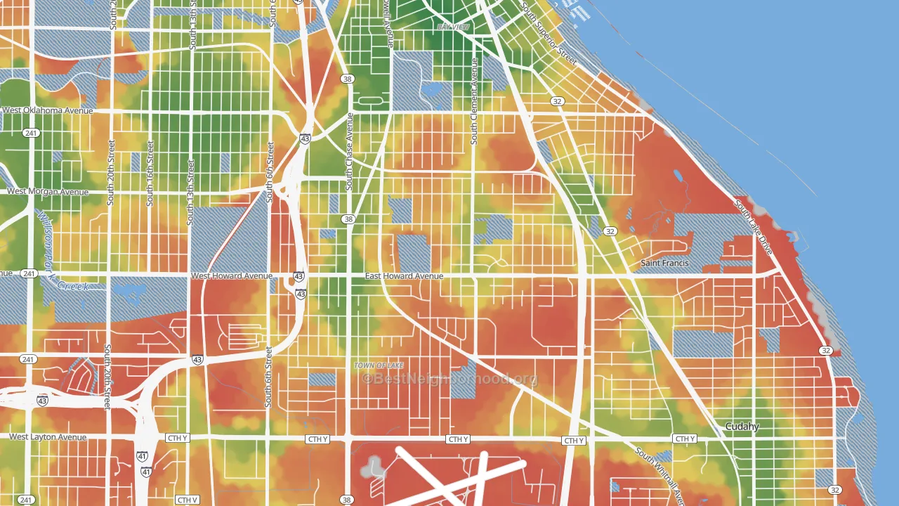 Walk Grade map of Tippecanoe, Milwaukee, WI, walkable areas in green and car-dependent areas in red