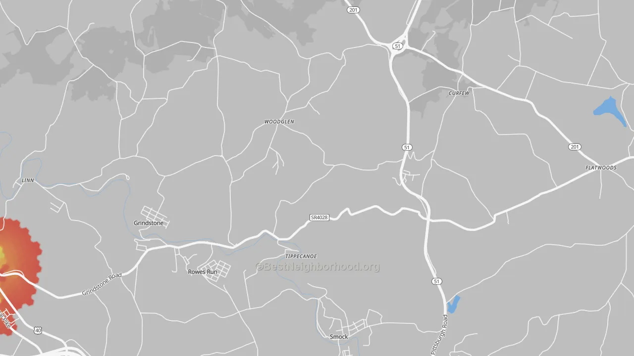 Walk Grade map of Tippecanoe, PA, walkable areas in green and car-dependent areas in red