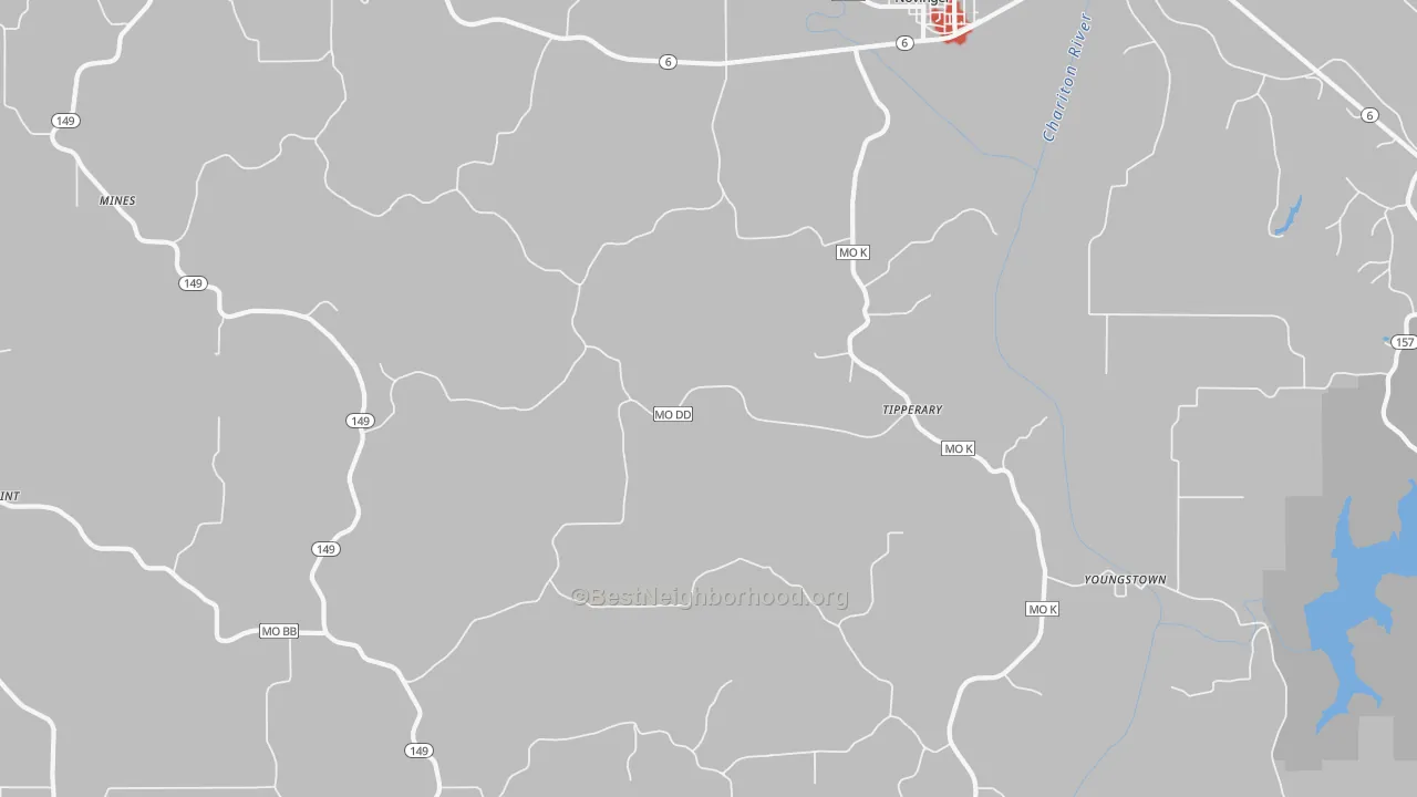 Walk Grade map of Tipperary, MO, walkable areas in green and car-dependent areas in red