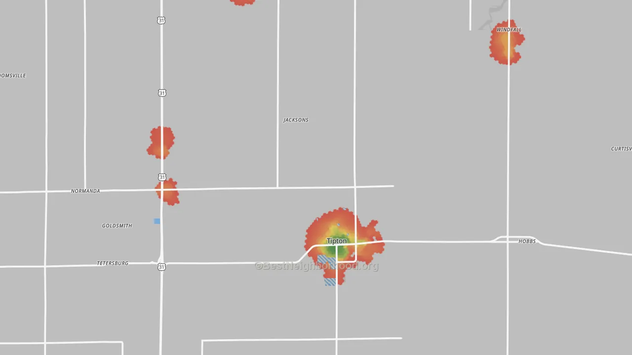 Walk Grade map of Tipton County, IN, walkable areas in green and car-dependent areas in red