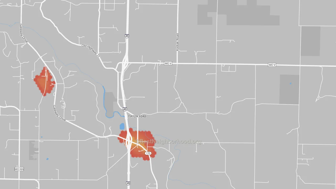 Walk Grade map of Tipton Ford, MO, walkable areas in green and car-dependent areas in red