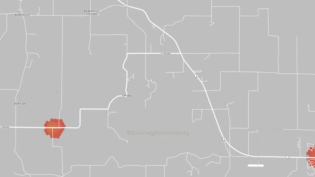Walk Grade map of Tipton, IL, walkable areas in green and car-dependent areas in red
