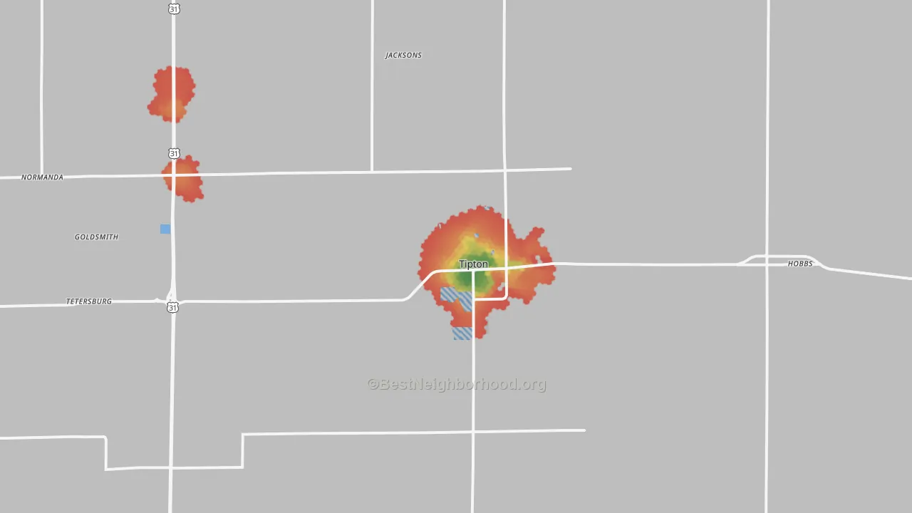 Walk Grade map of Tipton, IN, walkable areas in green and car-dependent areas in red
