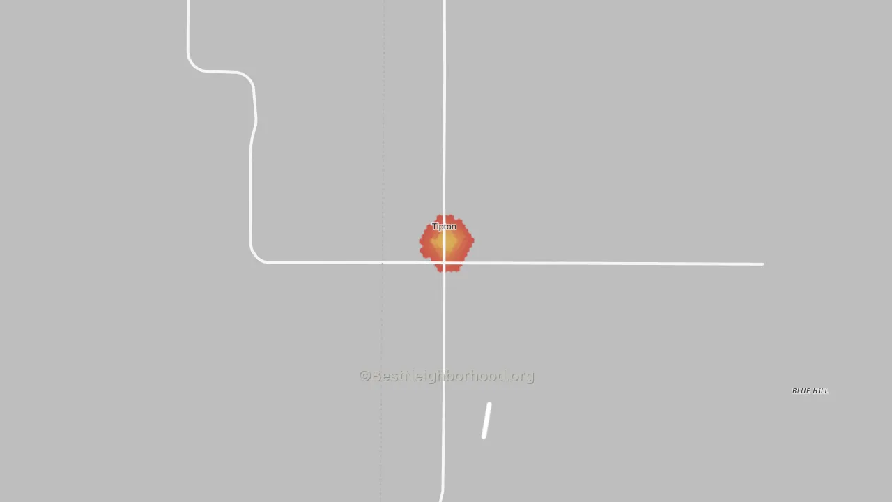 Walk Grade map of Tipton, KS, walkable areas in green and car-dependent areas in red