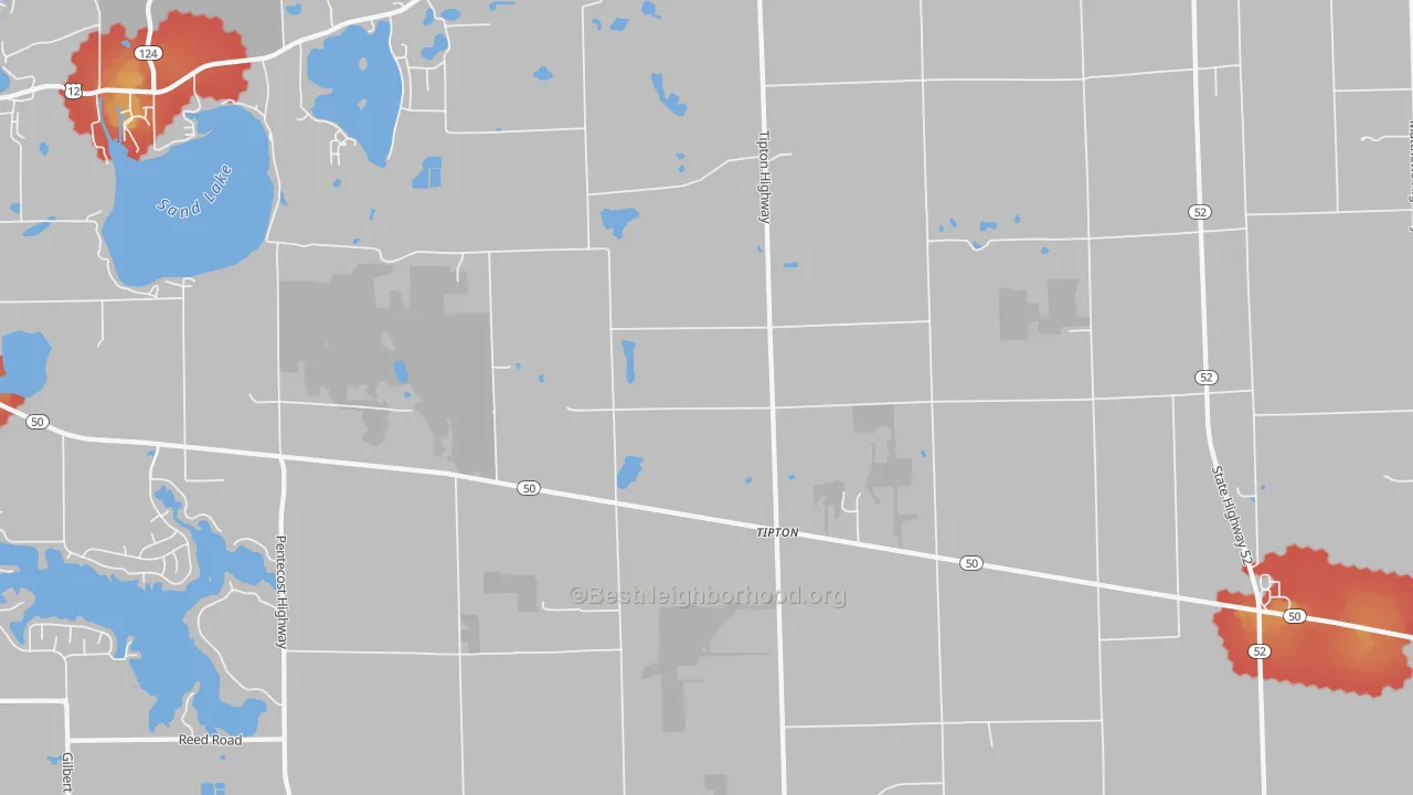 Walk Grade map of Tipton, MI, walkable areas in green and car-dependent areas in red