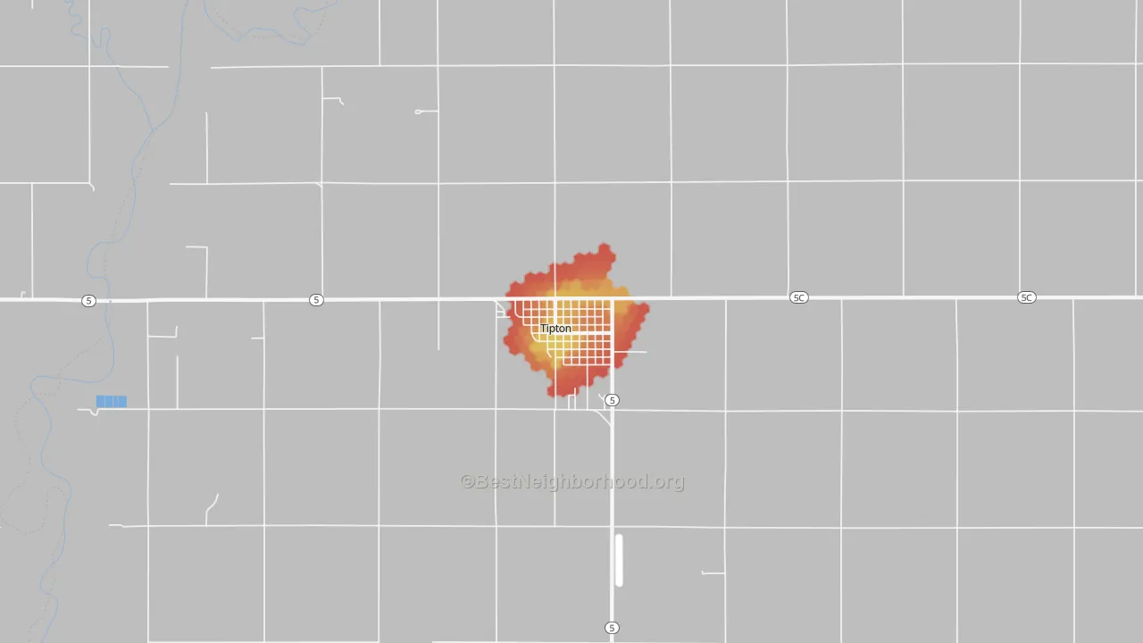Walk Grade map of Tipton, OK, walkable areas in green and car-dependent areas in red