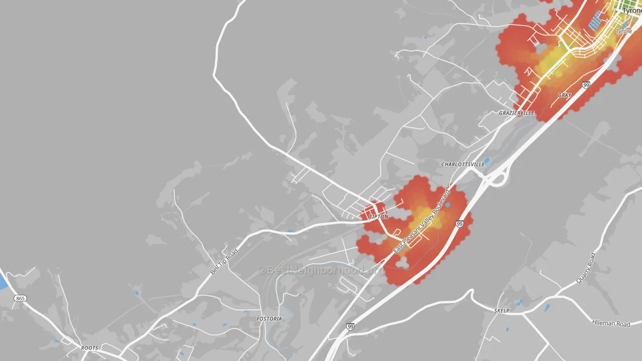 Walk Grade map of Tipton, PA, walkable areas in green and car-dependent areas in red