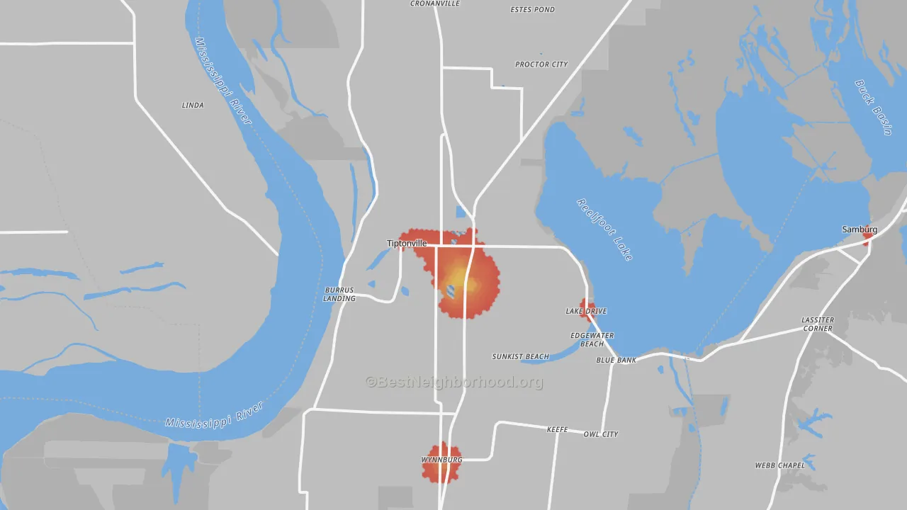 Walk Grade map of Tiptonville, TN, walkable areas in green and car-dependent areas in red