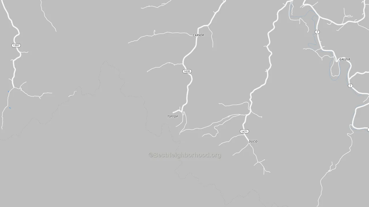 Walk Grade map of Tiptop, KY, walkable areas in green and car-dependent areas in red