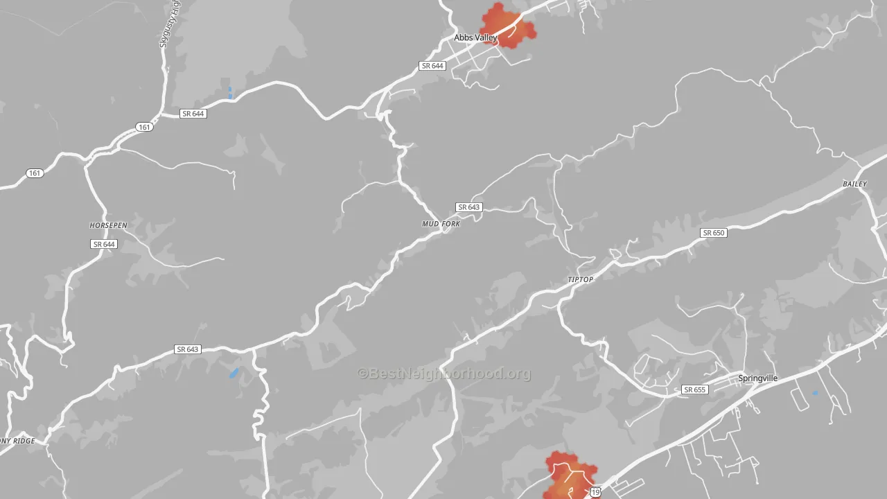 Walk Grade map of Tiptop, VA, walkable areas in green and car-dependent areas in red