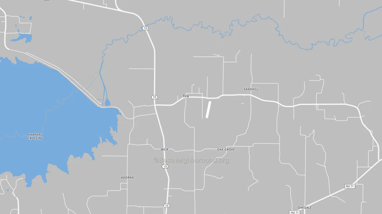 Walk Grade map of Tira, TX, walkable areas in green and car-dependent areas in red