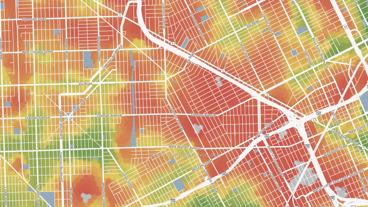 Walk Grade map of Tireman, Detroit, MI, walkable areas in green and car-dependent areas in red