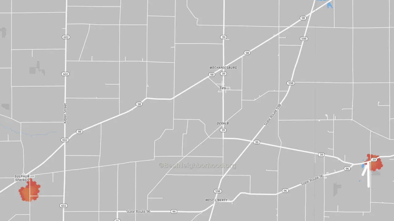 Walk Grade map of Tiro, OH, walkable areas in green and car-dependent areas in red