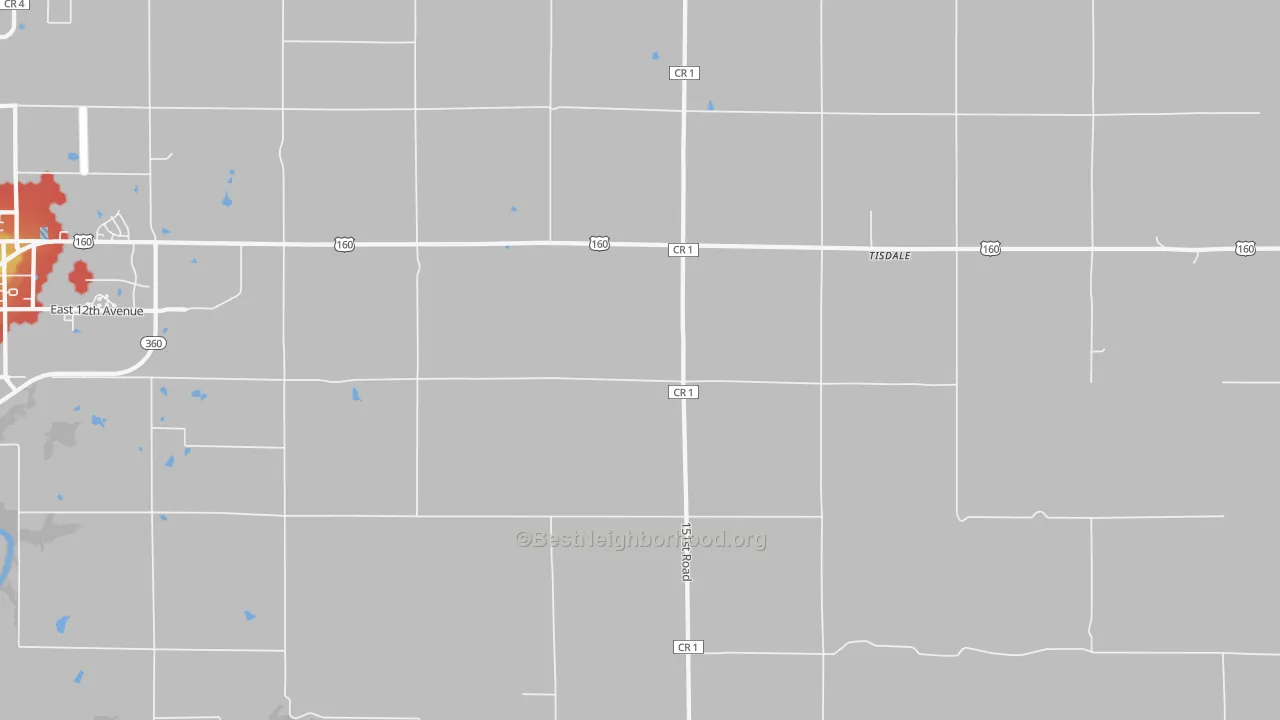 Walk Grade map of Tisdale, KS, walkable areas in green and car-dependent areas in red