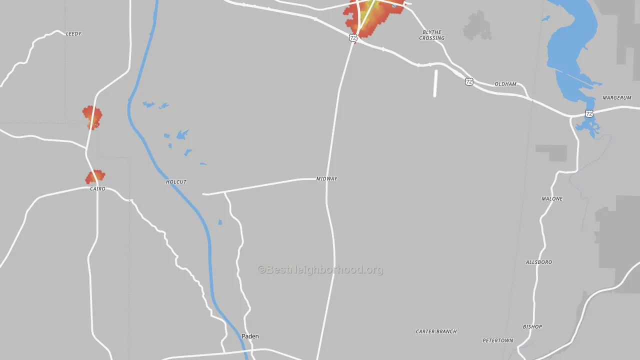 Walk Grade map of Tishomingo County, MS, walkable areas in green and car-dependent areas in red