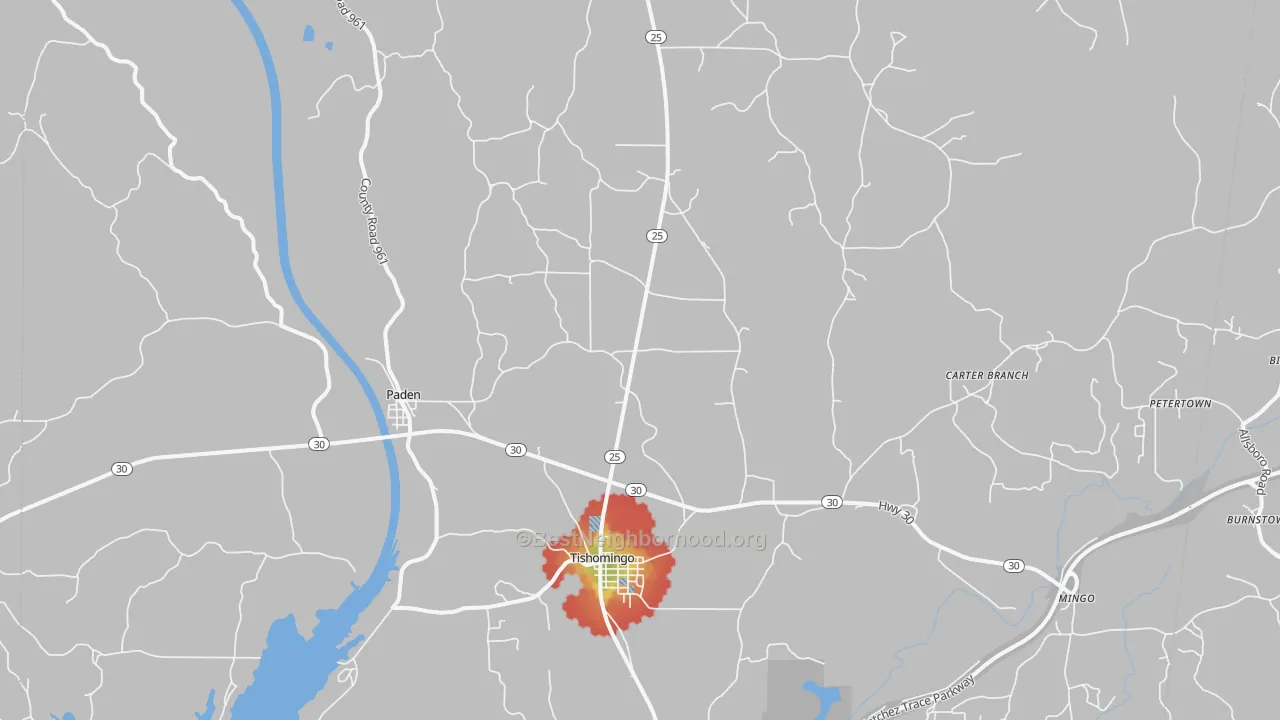 Walk Grade map of Tishomingo, MS, walkable areas in green and car-dependent areas in red
