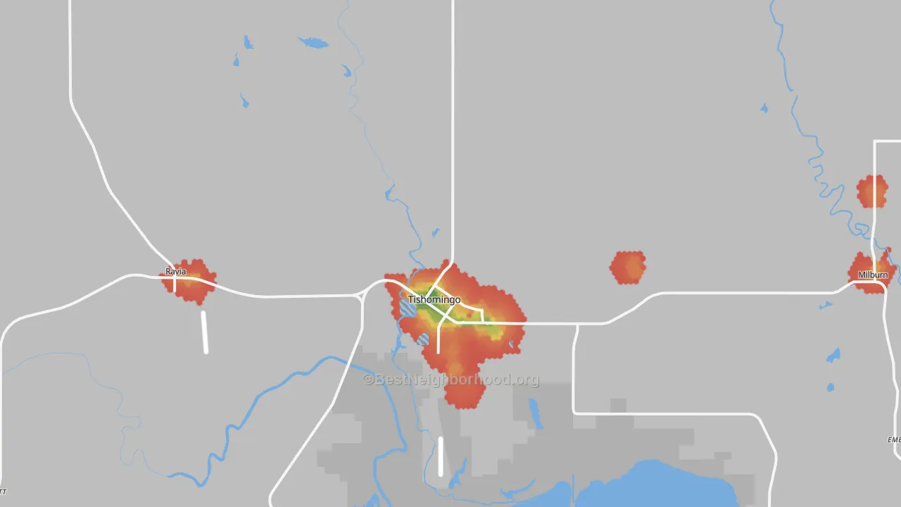 Walk Grade map of Tishomingo, OK, walkable areas in green and car-dependent areas in red
