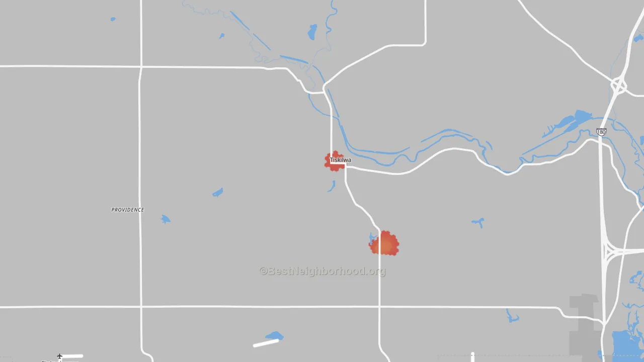 Walk Grade map of Tiskilwa, IL, walkable areas in green and car-dependent areas in red
