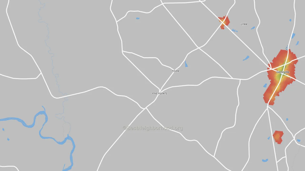 Walk Grade map of Tison, GA, walkable areas in green and car-dependent areas in red
