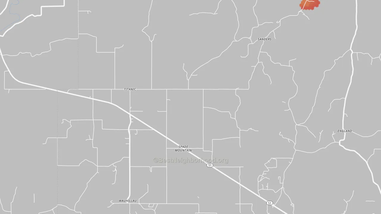 Walk Grade map of Titanic, OK, walkable areas in green and car-dependent areas in red