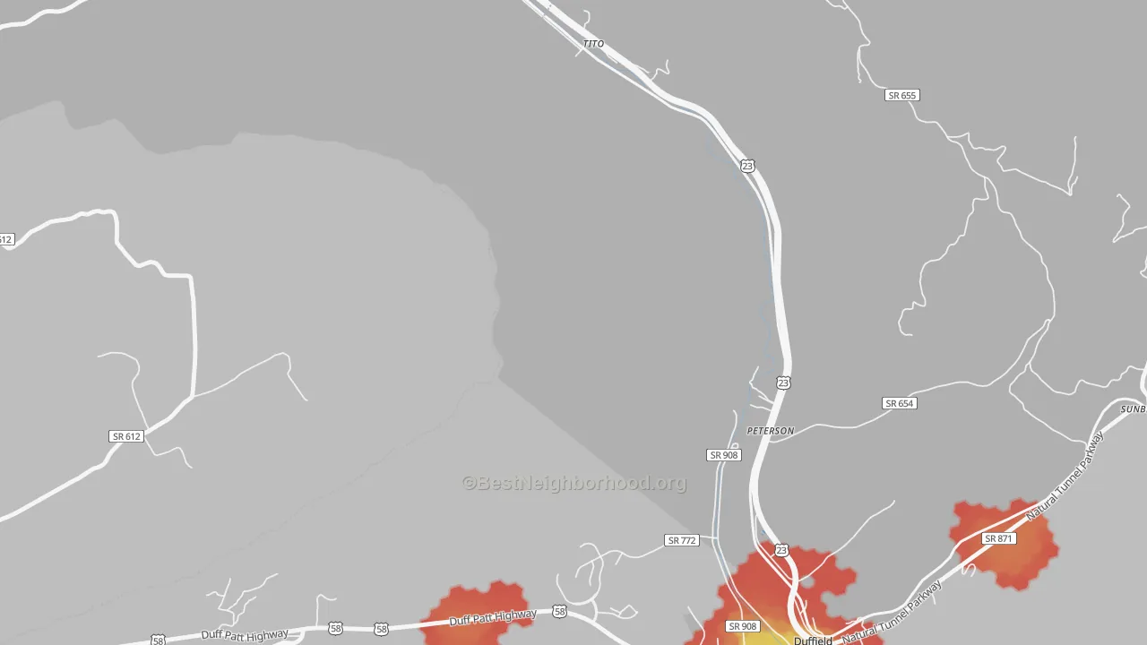 Walk Grade map of Tito, VA, walkable areas in green and car-dependent areas in red