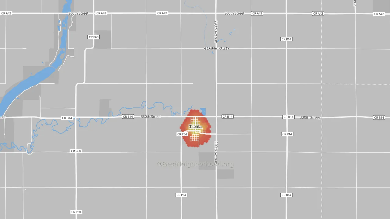 Walk Grade map of Titonka, IA, walkable areas in green and car-dependent areas in red