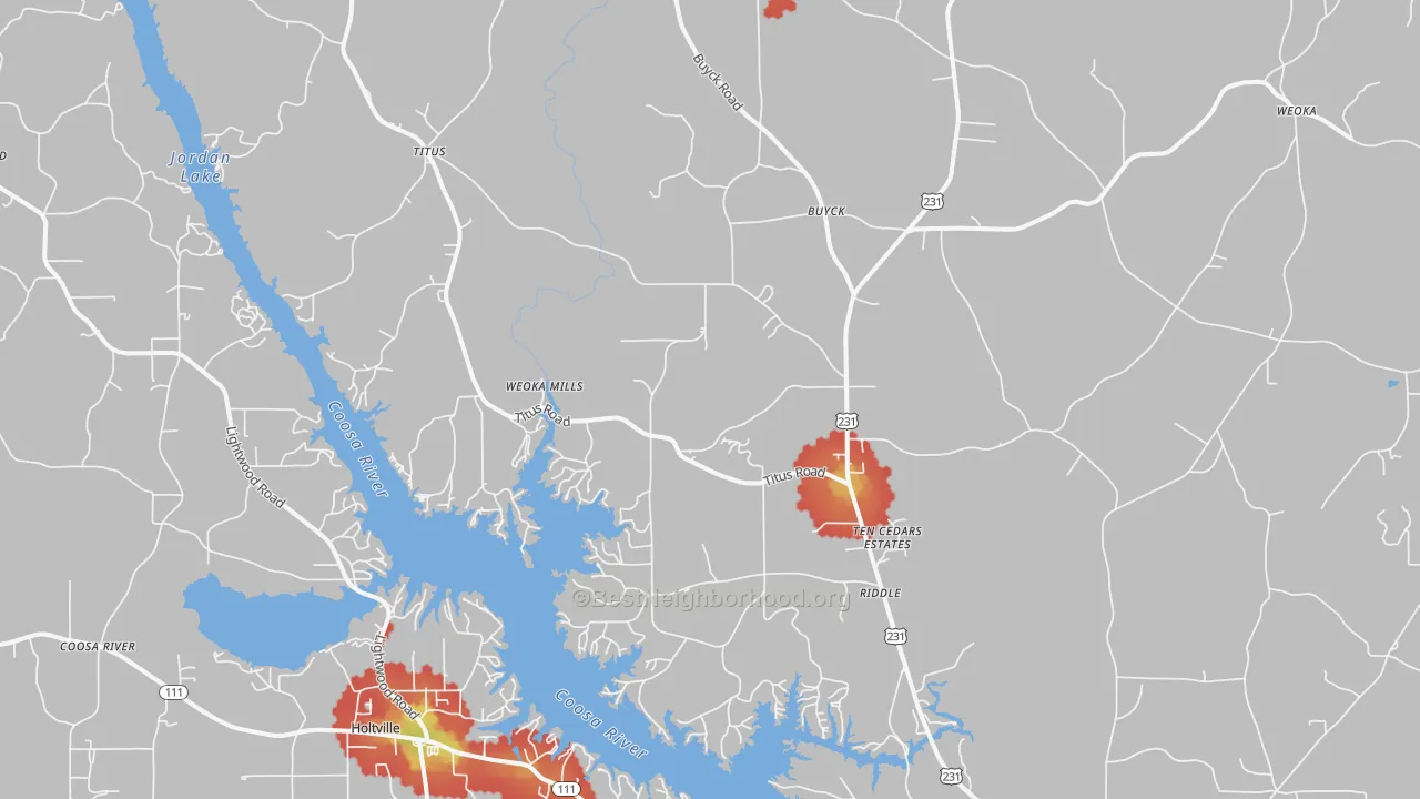 Walk Grade map of Titus, AL, walkable areas in green and car-dependent areas in red