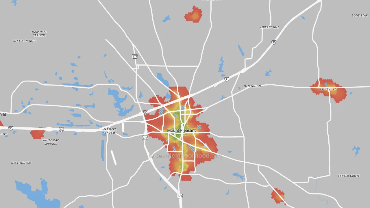 Walk Grade map of Titus County, TX, walkable areas in green and car-dependent areas in red