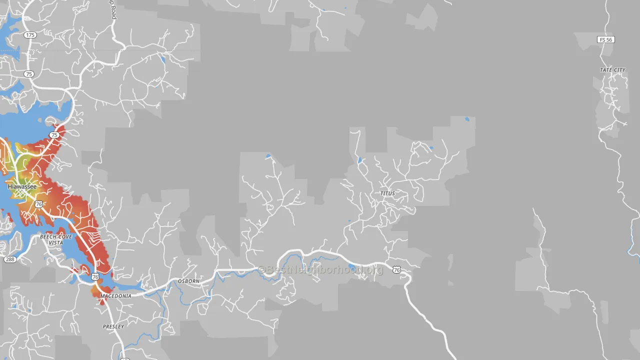Walk Grade map of Titus, GA, walkable areas in green and car-dependent areas in red