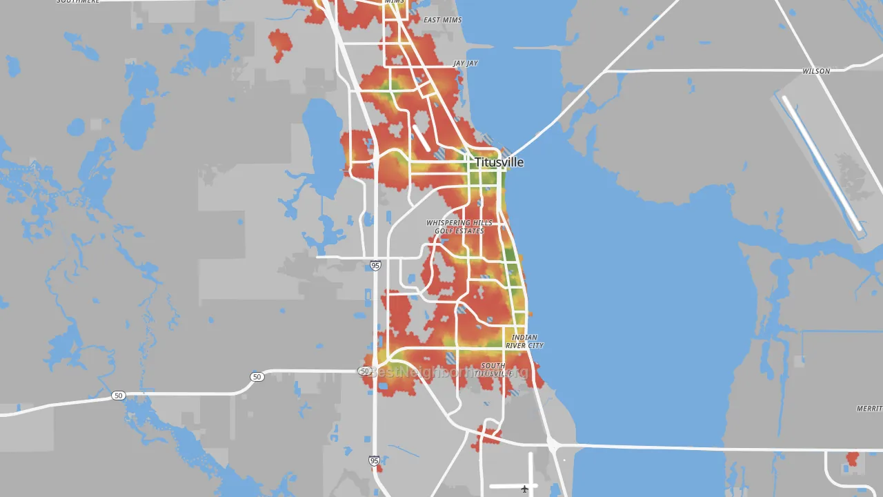 Walk Grade map of Titusville, FL, walkable areas in green and car-dependent areas in red