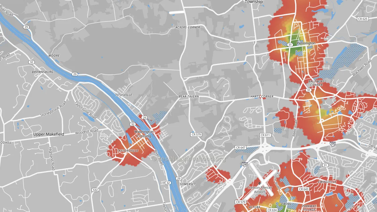Walk Grade map of Titusville, NJ, walkable areas in green and car-dependent areas in red
