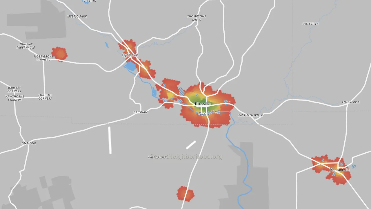 Walk Grade map of Titusville, PA, walkable areas in green and car-dependent areas in red