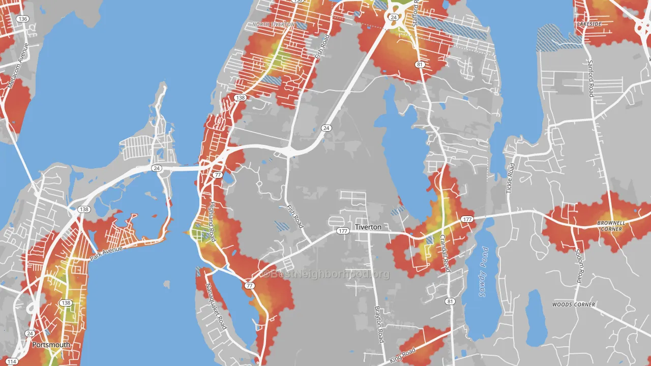 Walk Grade map of Tiverton, RI, walkable areas in green and car-dependent areas in red