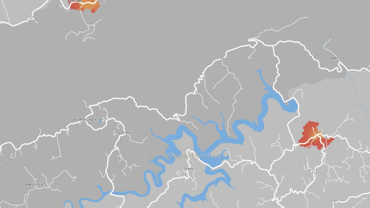Walk Grade map of Tivis, VA, walkable areas in green and car-dependent areas in red
